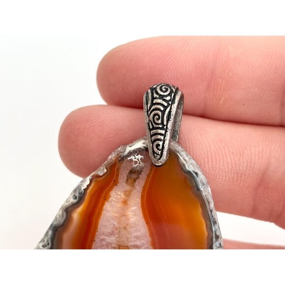 Brown Banded Natural Agate Geode Crystal Oval Silver Toned Vintage Pendant - Picture 10 of 11